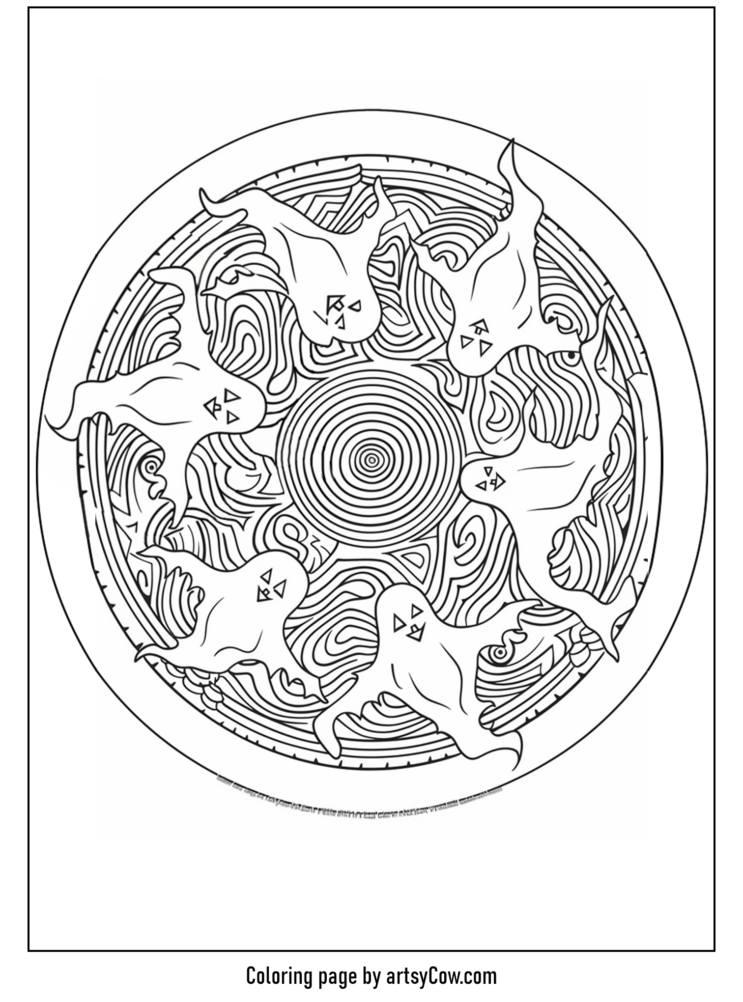 halloween ghost mandala, featuring several playful ghosts entwined in an intricate mandala pattern.